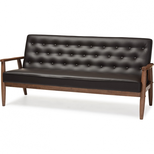 Sorrento Sofa in Tufted Brown Leatherette & Walnut